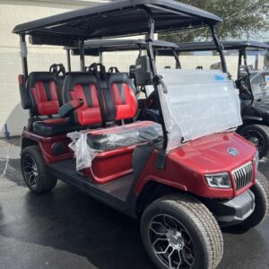 Side profile of 2025 Evolution D5-Ranger 4 Red golf cart