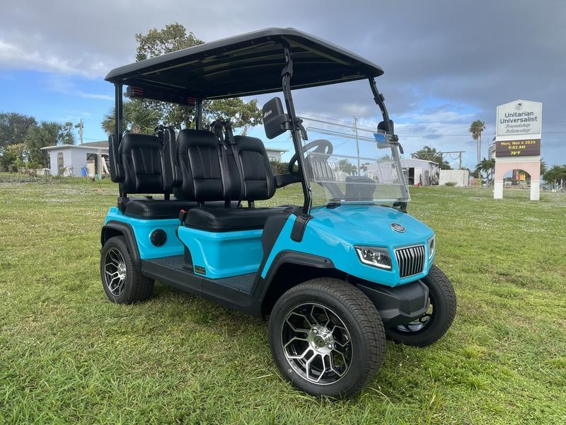 Street Legal 2025 Evolution D5-Ranger 4 Sky Blue Golf Cart California Nationwide Export 1 2025 Evolution D5-Ranger 4 Sky Blue Golf Cart Front View California