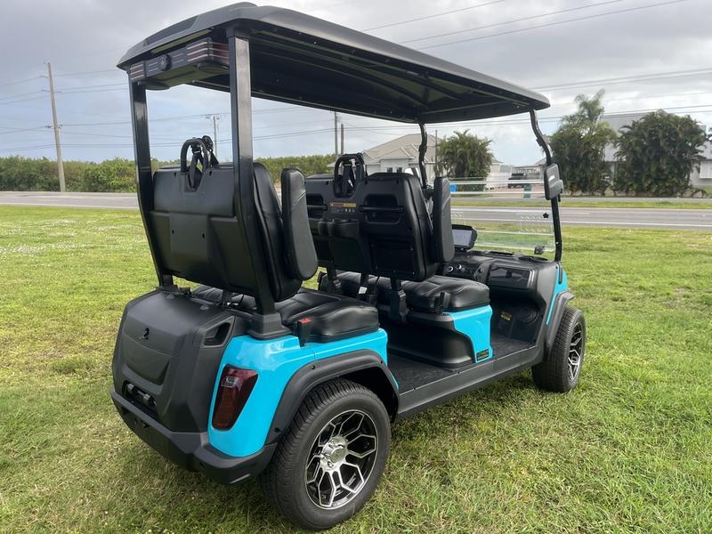 Street Legal 2025 Evolution D5-Ranger 4 Sky Blue Golf Cart California Nationwide Export 4 Rear View Of 2025 Evolution D5-Ranger 4 Sky Blue Golf Cart