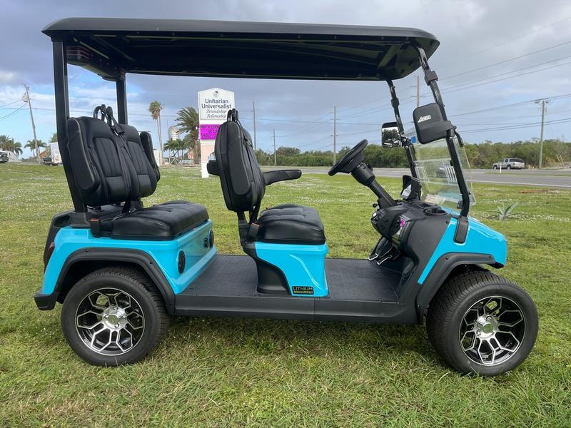 Street Legal 2025 Evolution D5-Ranger 4 Sky Blue Golf Cart California Nationwide Export 6 Side Profile Of 2025 Evolution D5-Ranger 4 Sky Blue Golf Cart