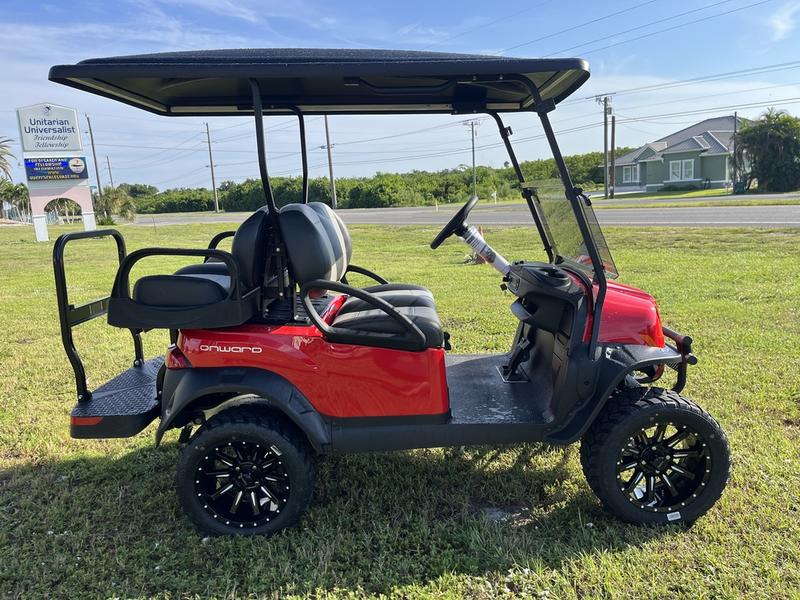 2026 Club Car Onward Lifted 4 Passenger Gas – Red California 7 Rear Seating With Cargo Utility Option