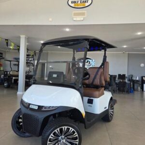 Side profile of the 2026 E-Z-GO RXV 4 Touring STL ELiTE Lithium Bright White golf cart in Richmond Virginia